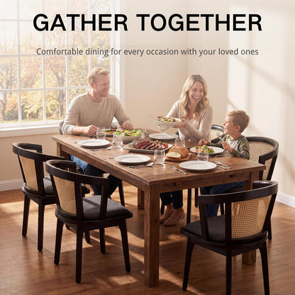 CIMOTA Set of 4 Black Rattan Wood Dining Chairs Mid-Century Modern Upholstered Dining Room Chairs Barrel Cane Back Accent Side Chair for Kitchen/Cafe/Bistro, Linen Charcoal