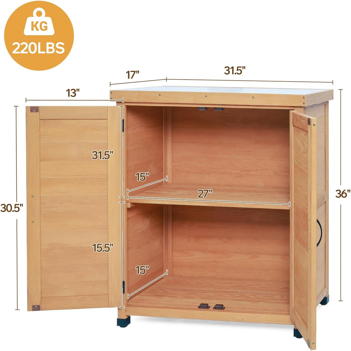 31" Sturdy Living Room Cabinet, Practical Cabinets with Weatherproof Wood, Storage Locker with Magnetic Door for Outdoor Patio, Light Brown