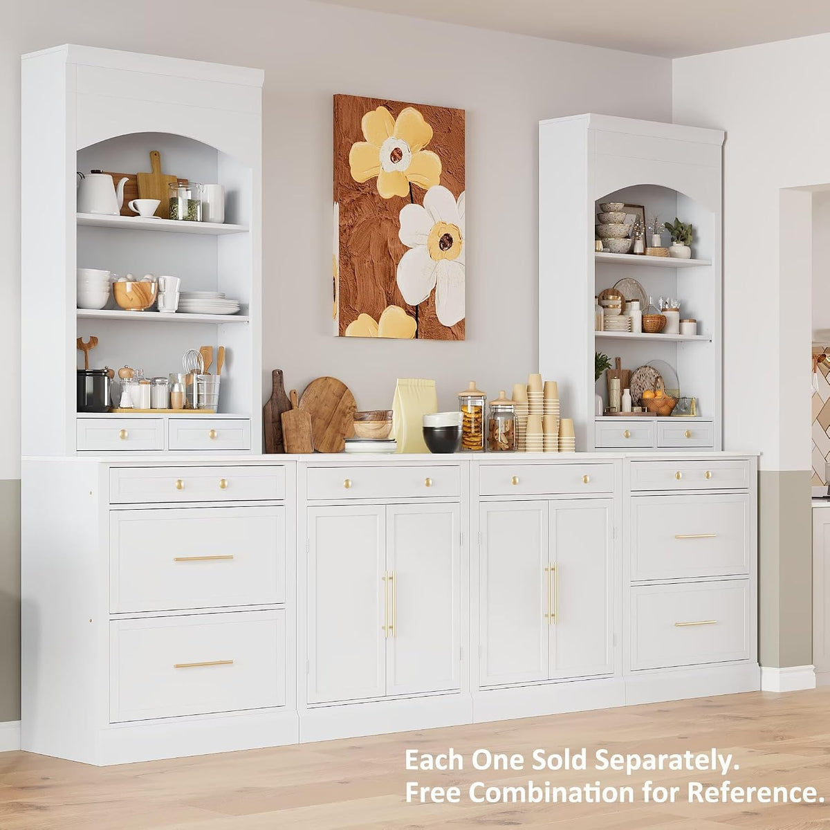 JIJIWANG Modern 83.7inch High Kitchen Pantry, Freestanding Tall Kitchen Hutch with Faux Marble Top, Display Cupboard Cabinet with 5 Storage Drawers and Adjustable Shelf, White