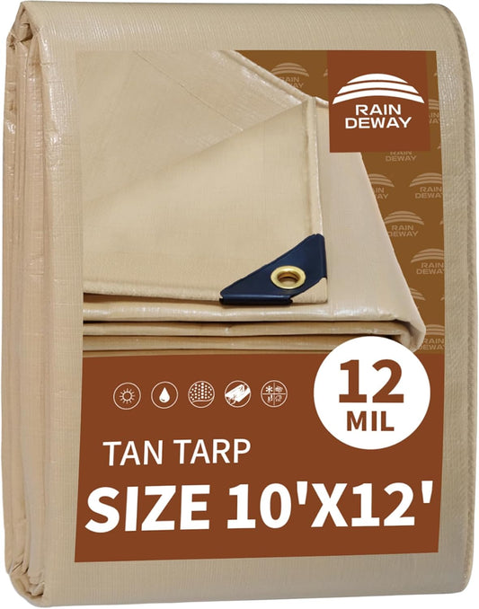 RAINDEWAY 10x12 Feet Heavy Duty Tarp,12 Mil Tan Waterproof Poly Tarp Cover,UV Resistant,Weatherproof,Durable,Multipurpose Tarps with Grommets and Reinforced Edges