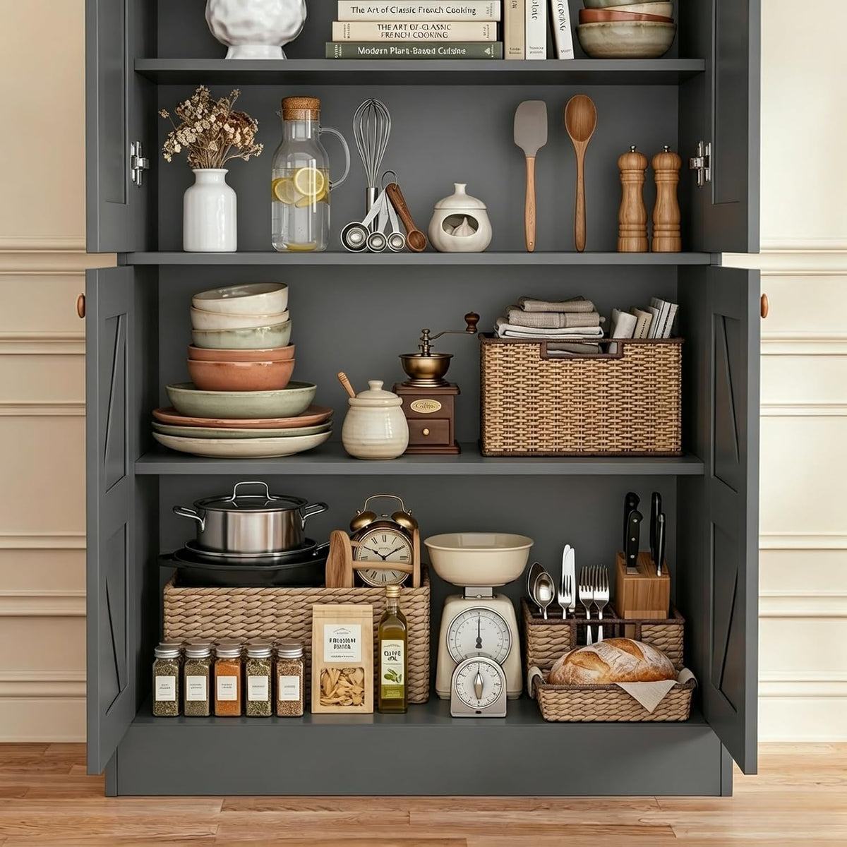 ivaniti 71" Tall Farmhouse Kitchen Pantry, Large Storage Cabinet with Glass Doors, Adjustable Shelves, 3 Drawer, Wood Versatile Hutch Cabinet for Dining Room, Living Room, Black 3 Pcs