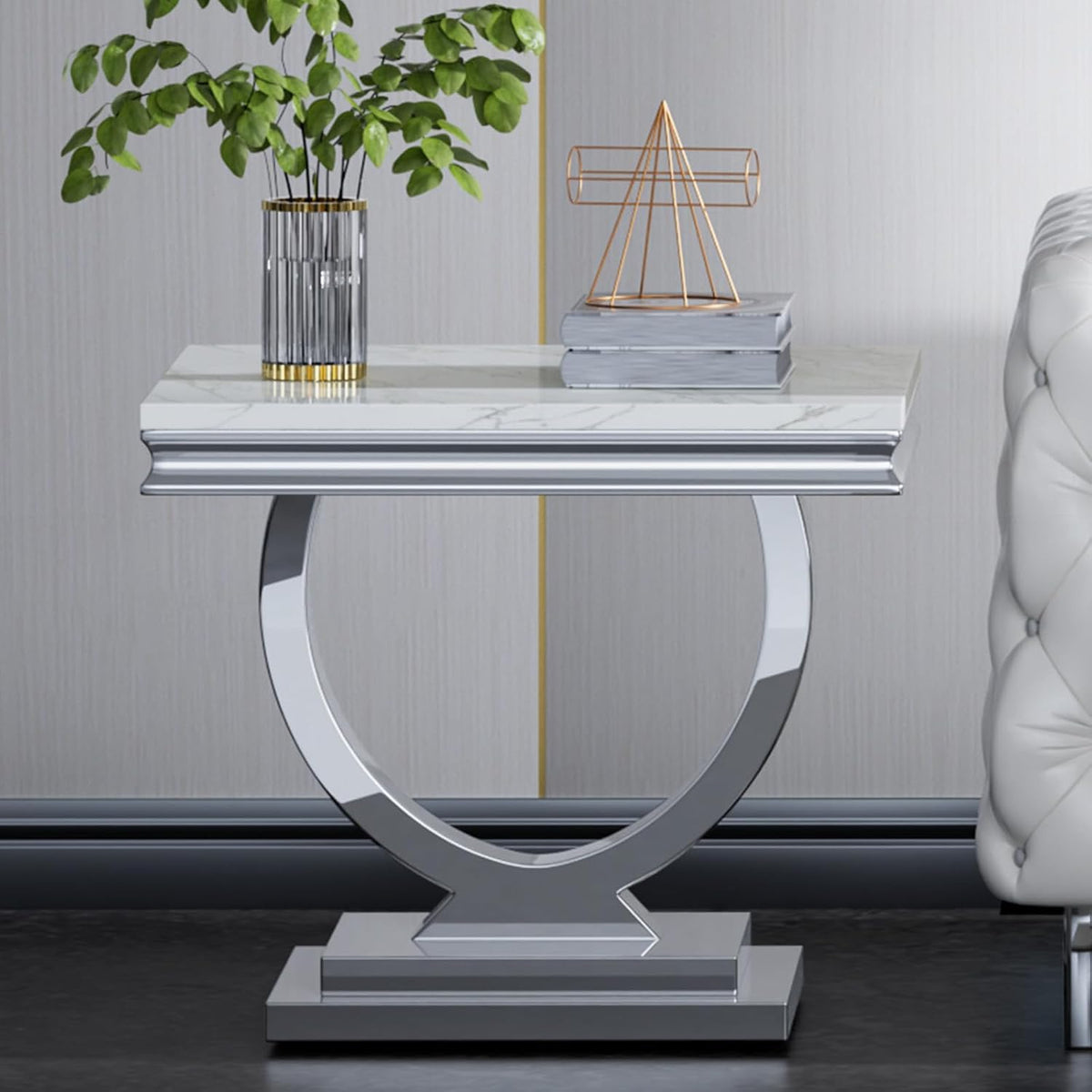 SSLine Modern 4 Piece Living Room Table Set, Includes 1 Coffee Table & 2 End Tables & 1 Console Table, Luxury Faux Marble Coffee Table Set with O-Shape Stainless Steel Base,White Marble& Silver