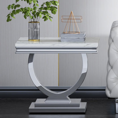 White Faux Marble End Table,Modern Sofa Side Tables with Silver Mirrored Stainless Steel Base and Faux Marble Tabletop for Home Office Living Room (White Silver End Table)