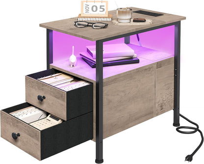 HOOBRO End Table with Charging Station & Led Light, Flip-Top Narrow Side Table with 2 Drawers, Nightstand for Small Spaces, Bedroom, Living Room, Stable and Sturdy, Greige and Black BG436UDBZ01