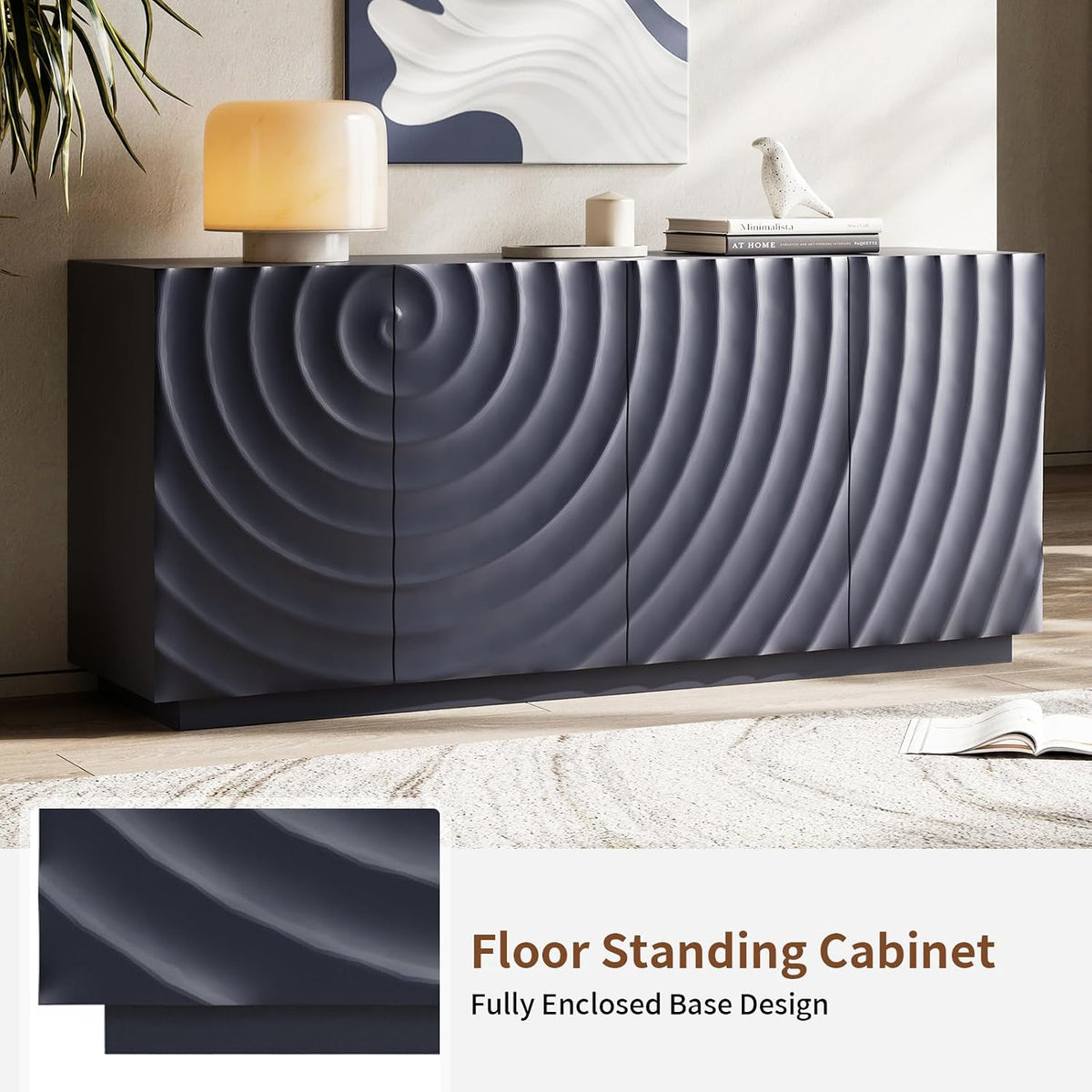 4 Door Modern Sideboard Buffet Cabinet with Spiral Grain, Accent Storage Sideboard Freestanding Anti-Dumping Storage Cabinet Buffet for Kitchen & Living Room (Navy Blue)