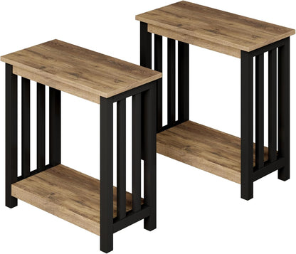 ChooChoo Mission End Tables Set of 2, Narrow Side Tables for Small Spaces, Night Stands with Storage Shelf for Living Room and Bedroom, Rustic Oak & Black