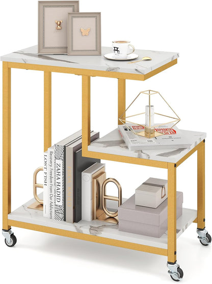 Giantex 3-Tier Side Table with Wheels, G-Shaped Mobile End Table with Open Shelves & Metal Frame, Rolling Sofa Couch Table for Living Room Bedroom Office, White & Gold