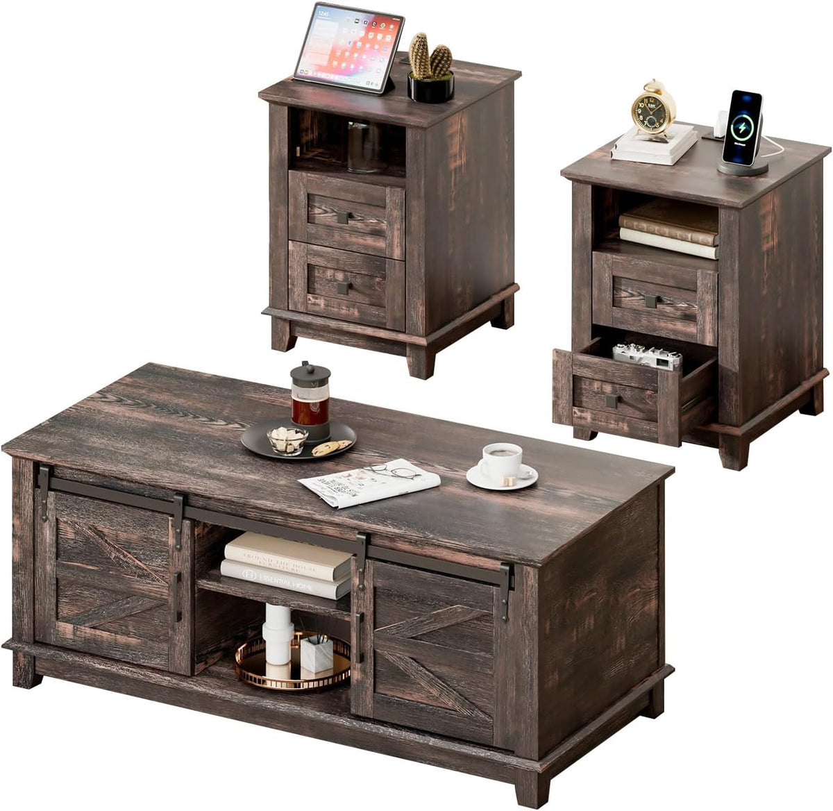 LUXOAK Farmhouse Table Set of 3, Coffee Table with Sliding Barn Doors, End Tables Set of 2 with Charging Station for Living Room & Bedroom, Sliding Barn Doors, 2 Tiers Storage Drawer, Dark Rustic Oak