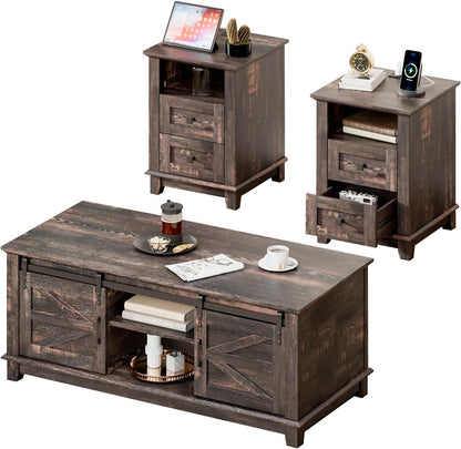 LUXOAK Farmhouse Table Set of 3, Coffee Table with Sliding Barn Doors, End Tables Set of 2 with Charging Station for Living Room & Bedroom, Sliding Barn Doors, 2 Tiers Storage Drawer, Dark Rustic Oak