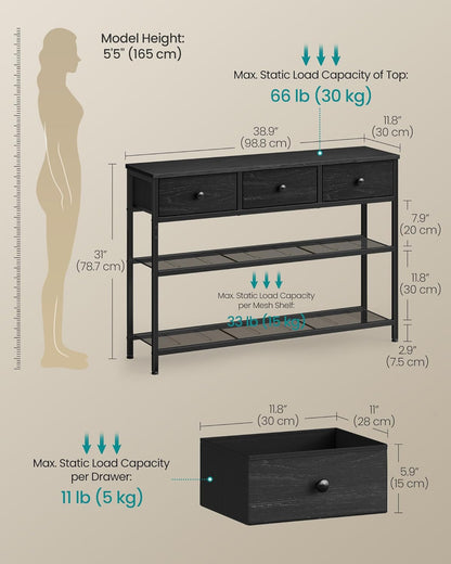 SONGMICS Console Table, Narrow Sofa Table with 2 Mesh Shelves for Entryway, Living Room, 11.8 x 38.9 x 31 Inches, 3 Fabric Drawers, Ebony Black, BELLAH Collection ULGS098B201