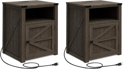 MUUEGM 24" Nightstand with Charging Station, End Table, Side Table with Door for Bedroom, Living Room, Modern Farmhouse Design, Dark Grey Bedside Table with Door Set of 2