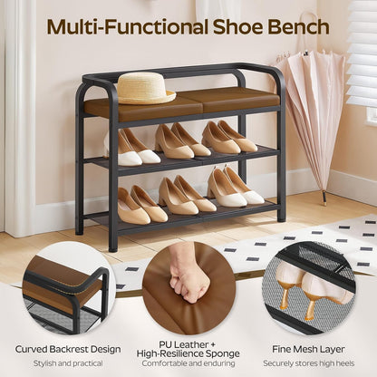 YATINEY Shoe Bench with Backrest, Entryway Bench, 2-Tier Shoe Rack with PU Padded Seat, Upholstered Shoe Storage Bench with Back, for Hallway, Entryway, Foyer, Bedroom, Brown and Black HX04BV