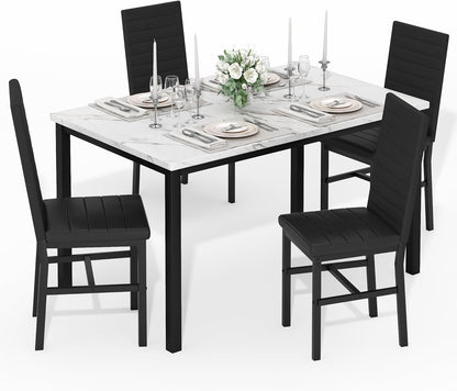 Hooseng 5 Piece Dining Table Set for 4, Faux Marble Kitchen Table with Upholstered Chairs, Modern Dinner Table Set for Dining Room, Small Spaces, White＆Black