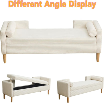 Corduroy Bed End Ottoman Bench with Storage,Upholstered Storage Benches with Back and Arms,65.35" Long Armed Storage Bench for Living Room,Bedroom,Entryway,Window (Ivory White, 65.35“)