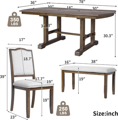 6-Piece Dining Table Set, 60inch to 78inch Extendable Wood Dining Table with Removable Leaf, Kitchen Table Set with 4 Upholstered Side Chair and Bench, Dining Table Set for 6 (Brown)