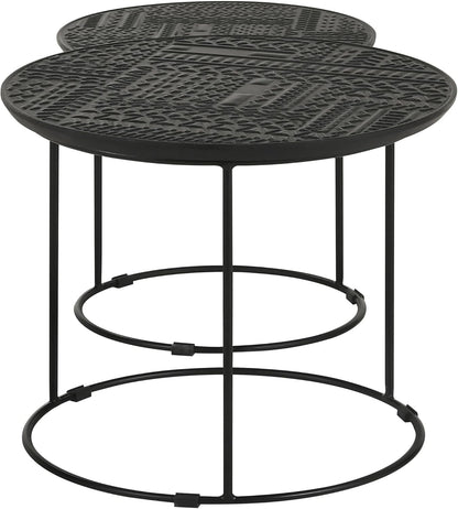 20" Sturdy Metal Frame Nesting Coffee Table, Boo Coffee Table with Embossed Tribal Pattern, Nesting Side Tables with Mango Wood top for Modern Indoor Spaces, Black