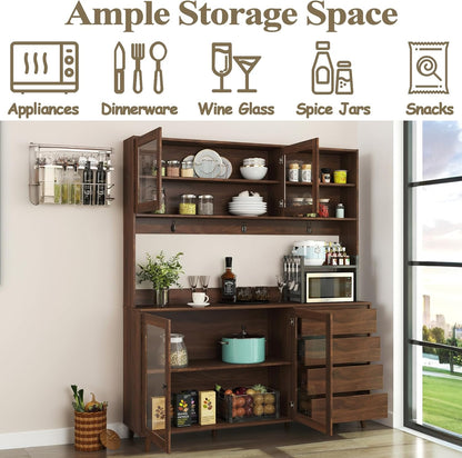 63” Kitchen Pantry Cabinet with Microwave Shelf & Countertop, Freestanding Storage Kitchen Hutch with Drawers & Glass Doors for Dining Room, Wooden Structure, Modern (Walnut)