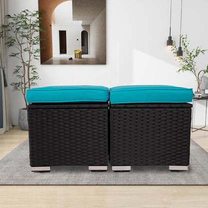 Wicker Outdoor Patio Ottoman - 2 Pack Outdoor Ottomans for Patio, Side Table with Storage, Removable Cushions Square Foot Rest Seating for Patio, Porch, Deck (Black-Blue)