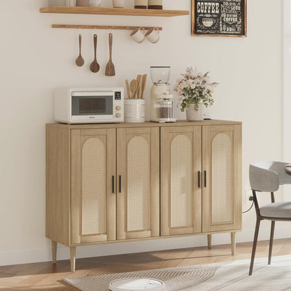 Patikuin Rattan Sideboard Buffet Cabinet, Boho Accent Storage Cabinet, 4 Doors Console Table Coffee Bar with Power Outlet, Adjustable Shelves for Kitchen, Dining Room, Hallway, Living Room (Wood)