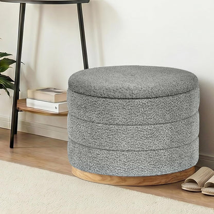 Round Storage Ottoman with Tray Lid, Folding Chenille Fabric Footrest with Hidden Storage, 22.8" Large Footstool Side Table for Dorm Living Room Bedroom, Wood Grain Base, Grey