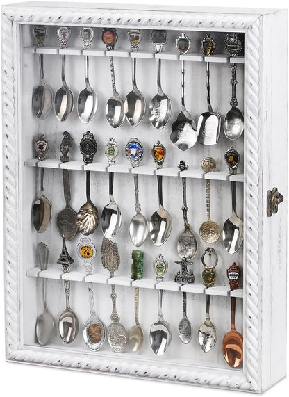 Ikee Design Wooden 30-Souvenir Spoon Display Case Cabinet, Wall-Mounted Tea Spoon Rack with Tempered Glass Door Suitable for Collection Display, Antique White Color, 13.4W x 2.6D x 15.7H in