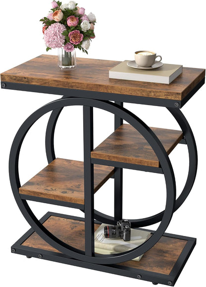 End Tables for Living Room, 4-Tier Narrow Side Table with Storage Space, Wood Slim Sofa Side Table with Geometric Metal Frame, Industrial Skinny Nightstand and Bedside Table, Rustic Brown