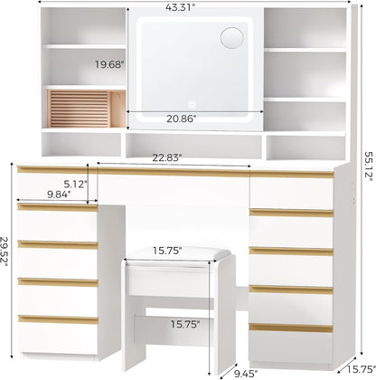 ANWBROAD Large Vanity Desk with Sliding Mirror and Lights& Jewelry Storage | White Makeup Vanity Desk with 11 Drawers,6 Shelves, 3 Color Lights,Dressing Table with Vanity stool, Power Outlet for Women