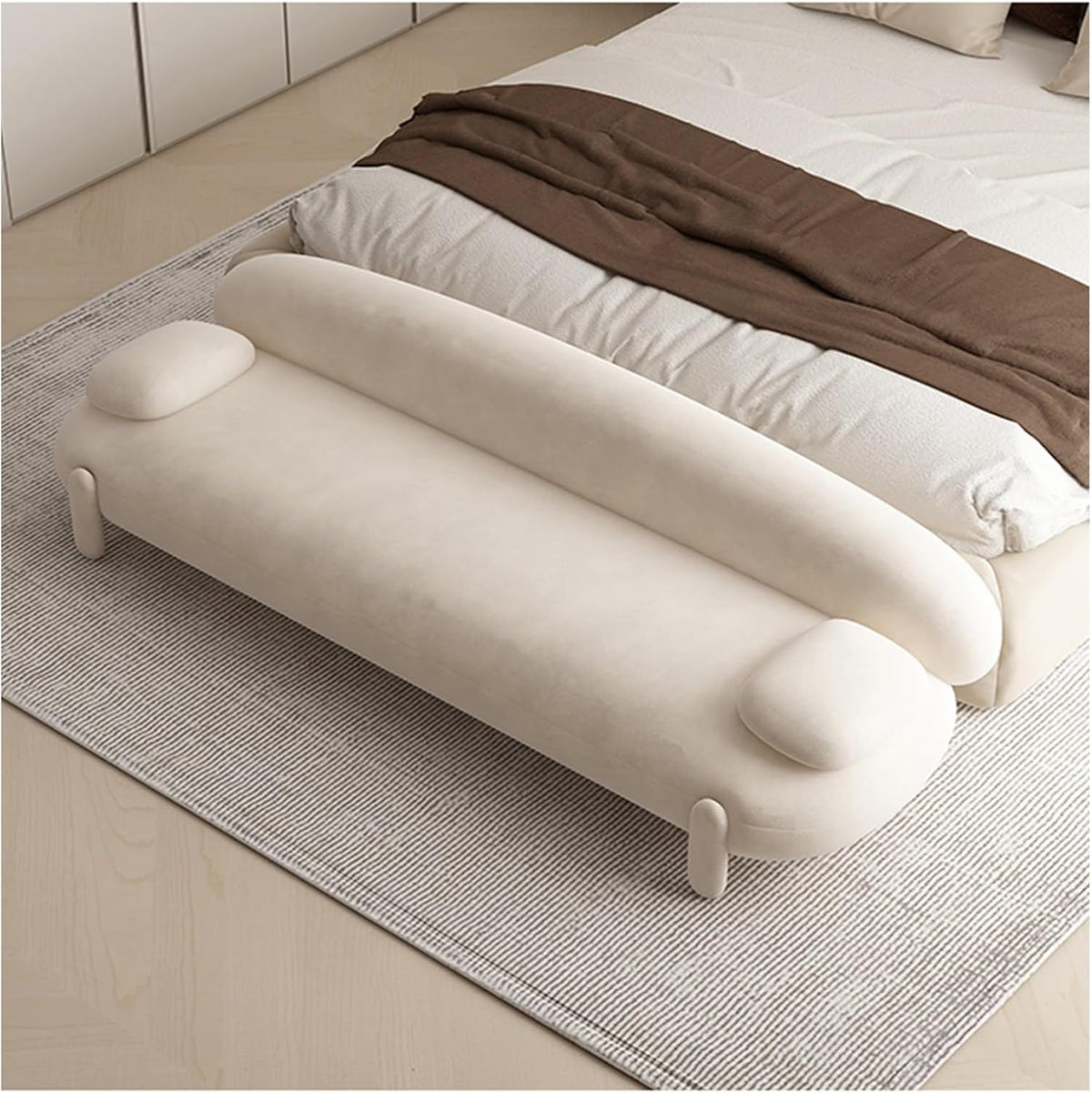 Modern Upholstered Long Bench, Modern Tufted End of Bed Ottoman Wood Frame,Accent for Entryway Dining Room Living Entryway(White,150 * 55 * 60cm)