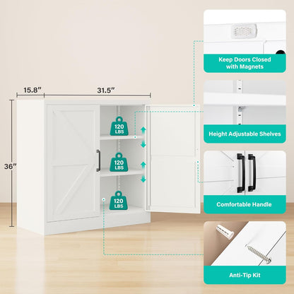 White Storage Cabinet with Doors and Adjustable Shelves,36" Farmhouse Food Pantry Cabinets,Small Sideboard Cabinet,Short Metal Storage Cabinets for Home Kitchen,Dining/Living/Laundry/Room