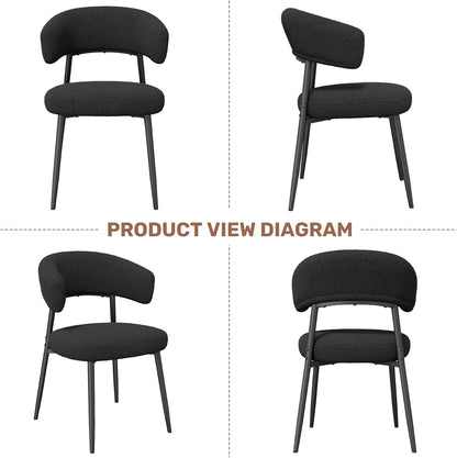 Dining Chairs Set of 4, Mid Century Modern Kitchen Chairs, Boucle Upholstered Dining Chair with Curved Backrest & Metal Legs for Kitchen Dining Room, Black