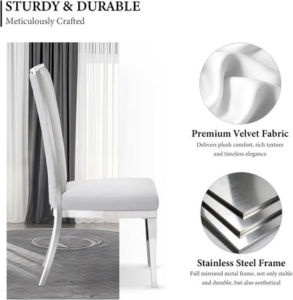 AUZ White and Silver Dining Chairs, Modern Velvet Upholstered Dining Room Chairs with High Back and Mirrored Metal Legs for Restaurant Kitchen, Set of 2