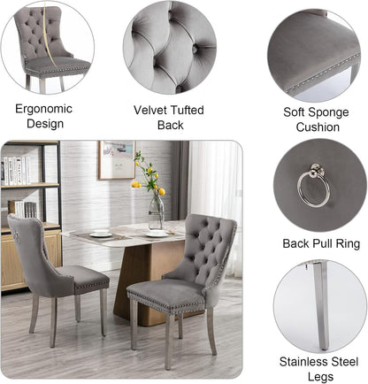 Extendable Dining Table Set of 6, White Rustic Kitchen Dining Table & 6 Gray Velvet Dining Chairs with Stainless Leg, 62.99"-78.74" Dining Room Table and Chairs Set, Modern 7 Piece Dining Set