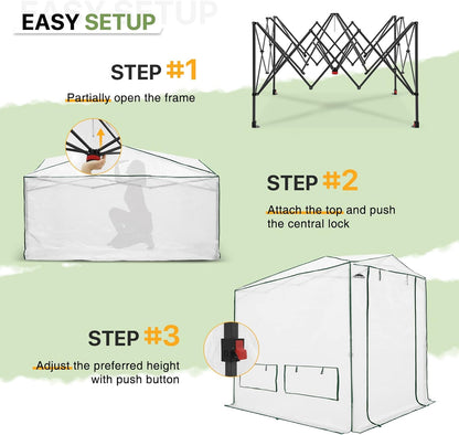 EAGLE PEAK Instant Pop-up Greenhouse, Indoor Outdoor Plant Gardening Green House, Roll-Up Zipper Doors and Side Windows, Heavy Duty Walk in 8x6 ft, Woven PE Top, White