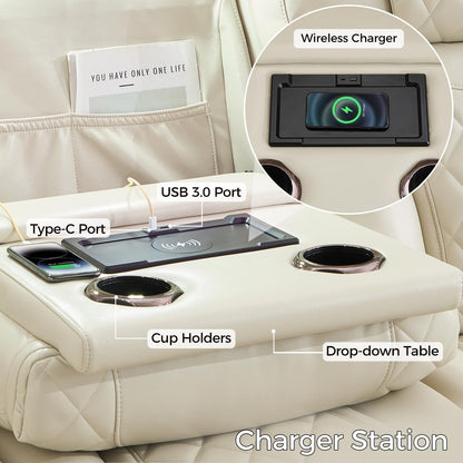 Power Recliner Sofa with Adjustable Headrest, Wireless Charger for Living Room, Electric Reclining Couch with LED Lights, Faux Leather 3 Seaters with Recliner,Home Theater Seating w/ LED Lights,Beige