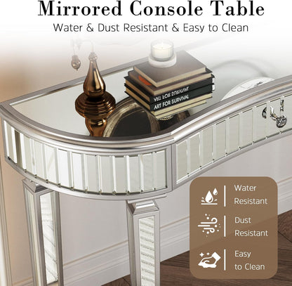Half-Moon Mirrored Sofa Table with Storage, Semi Circle Entryway Console Table with Fluted Glass & Crystal Knob Drawer,Modern Sofa Table Behind Couch for Living/Dressing Room,Hallway Foyer, Silver
