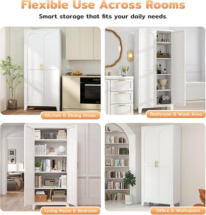 Zevemomo 71'' Tall Metal Pantry Cabinet with 2 Doors, Freestanding Kitchen Storage Cabinet with 4 Adjustable Shelves, Steel Cupboard for Kitchen, Pantry, Dining Room, Living Room, Bathroom, White