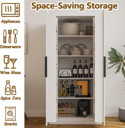 63” Tall Kitchen Pantry Cabinet, Pantry Storage Cabinet with Doors & Shelves, Freestanding Storage Cupboard for Dining Room Living Room, Wooden Structure, Easy Assembly (White)