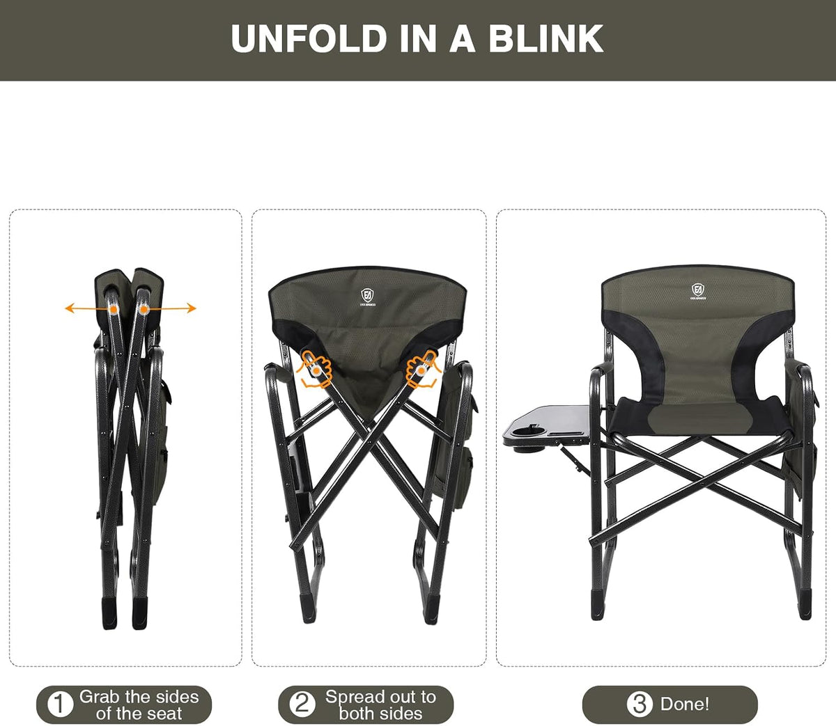 EVER ADVANCED Lightweight Aluminum Director Camping Chair, 350 lb Capacity | 19" Joint-Friendly Seat for Easy Standing with Side Table, Cup Holder & Storage, Ideal for Camping, Makeup Artists, Vendors