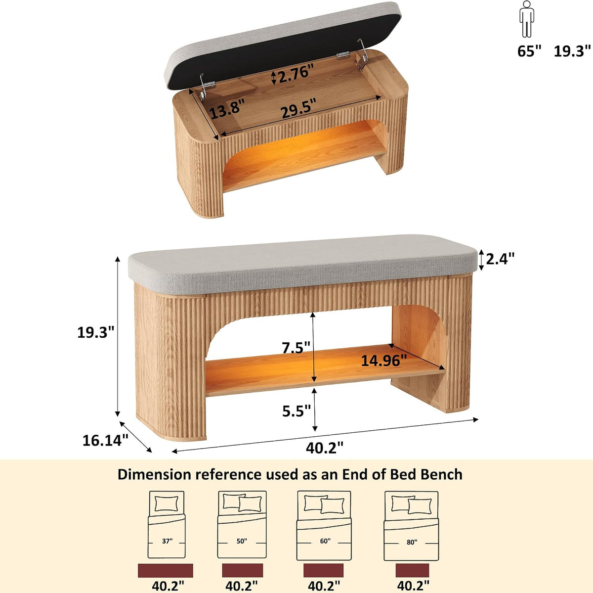 HOMEFORT 40.2" Fluted Storage Bench with Built-in LED Light, Flip-Top Shoe Bench with Cushioned Seat and Open Storage Shelf,Wood Accent Arched Bench for Entryway, Bedroom, Living Room, Natural Oak