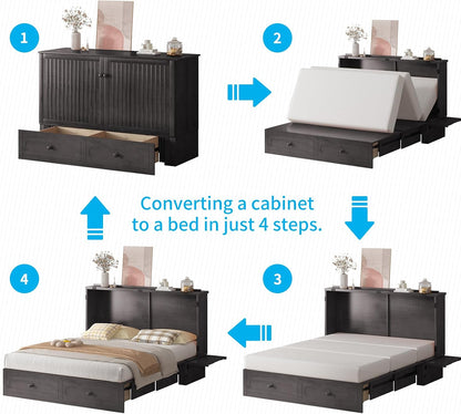 Mjkone Queen Murphy Bed Cabinet with Tri-fold Mattress, Cabinet Bed with Built-in Charging Station, Storage Drawer, Solid Wood Cabinets Bed, Cube Murphy Chest Beds for Guest Room, Home, Office, Grey