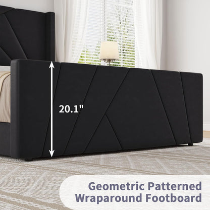 BarnFurin Queen Bed Frame with Geometric Wingback Headboard, Black