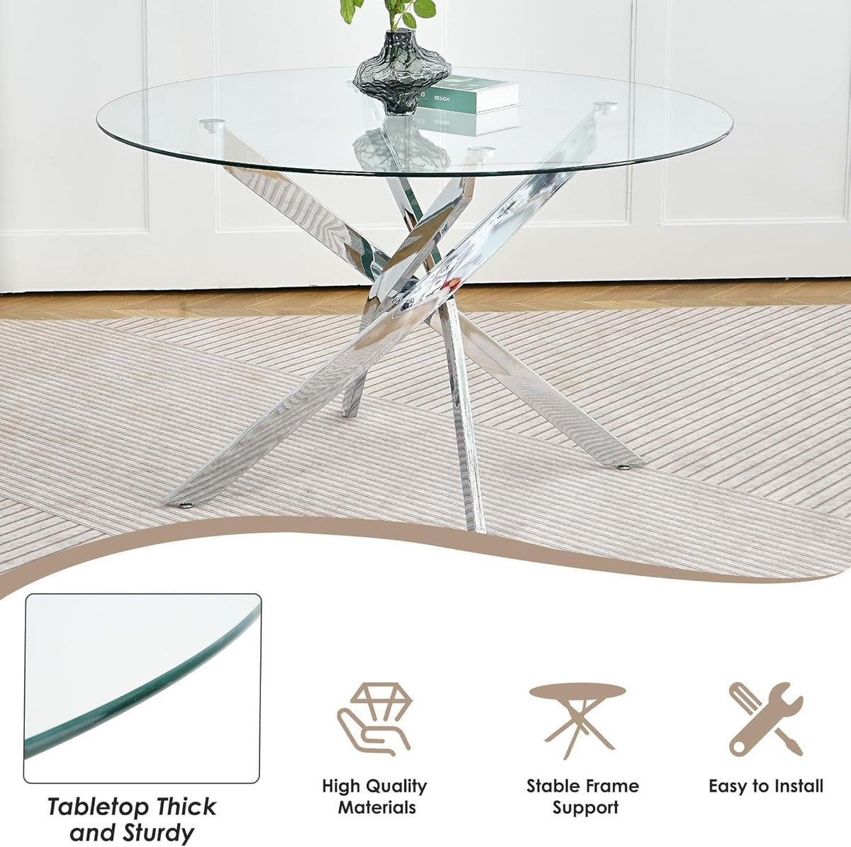 Modern Minimalism Circle Dining Table Set of 4, 36'' Round Tempered Glass Table Top with Silver Base & 4 Grey Silver Velvet Dining Chairs, 5-Piece Dining Room Table Set (Easy Assembly)