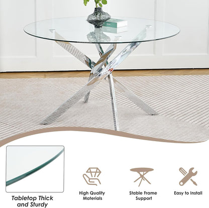 Modern Minimalism Circle Dining Table Set of 4, 36'' Round Tempered Glass Table Top with Silver Base & 4 Grey Silver Velvet Dining Chairs, 5-Piece Dining Room Table Set (Easy Assembly)