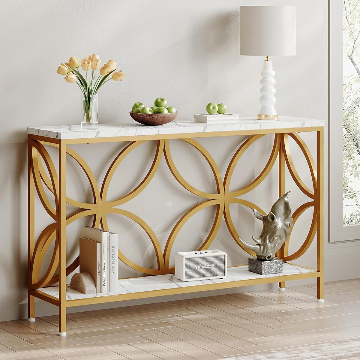 GiftGo Narrow Sofa Table 47.2 Inch, Industrial Sofa Table Behind Couch, Vintage Entry Console Table with Storage for Entryway, Living Room, Foyer, Elegant Design (White and Gold, 47.2)