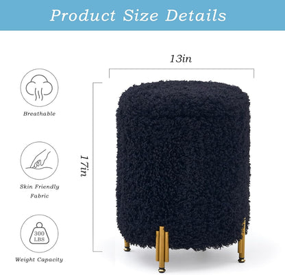 Round Ottoman Foot Stool with Storage and Metal Legs for Living Room Bedroom, Velvet Upholstered Footrest Stool Support 300lbs Modern Padded Seat Ottoman Coffee Table (Black-Long Wool)