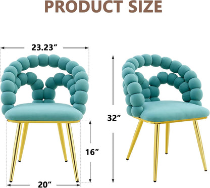 Puffy Bubble Ball Chain Chairs Set of 2, Modern Velvet Dining Chairs with Gold Legs, Contemporary Luxury Kitchen Chairs, Handcrafted Backrest, Lumbar Support, Suitable for Kitchen, Dining Room, Teal