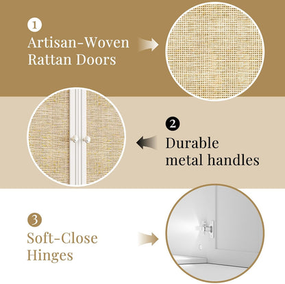 Laundry Room Cabinets with Lights, 24INCH Bathroom Cabinets Wall Mounted with Adjustable Shelves, Rattan Wall Cabinet for Bedroom, Kitchen, Bathroom (2PCS, White)