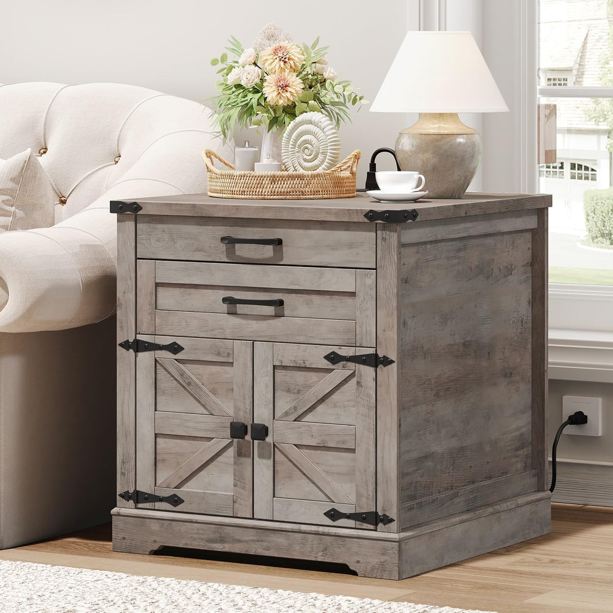 RALGEND Farmhouse End Table with Charging Station, 24'' Sofa Side Table with 2 Drawers and Barn Door, Large Rustic Wooden Square Nightstand for Bedroom, Living Room, Greige