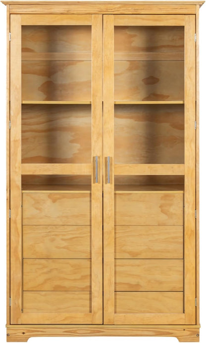 Freestanding pantry organizer armoire solid pine wood, glass double doors, four sliding drawers, adjustable shelf, kitchen hutch for dining area, office, living room display cupboard (Natural)