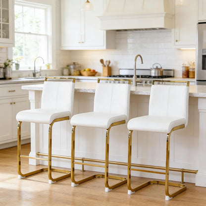 Bar Stools Set of 3,Gold Bar Stools with Back,25" White Island Chairs with Gold Chrome Plated Metal Leg,Faux Leather Counter Height Barstools for Pub Kitchen Counter